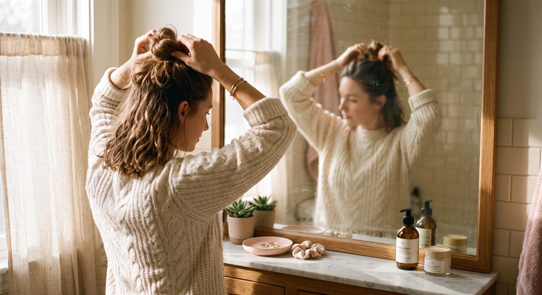 Woman tying her hair up during her morning routine at a sunlit bathroom mirror