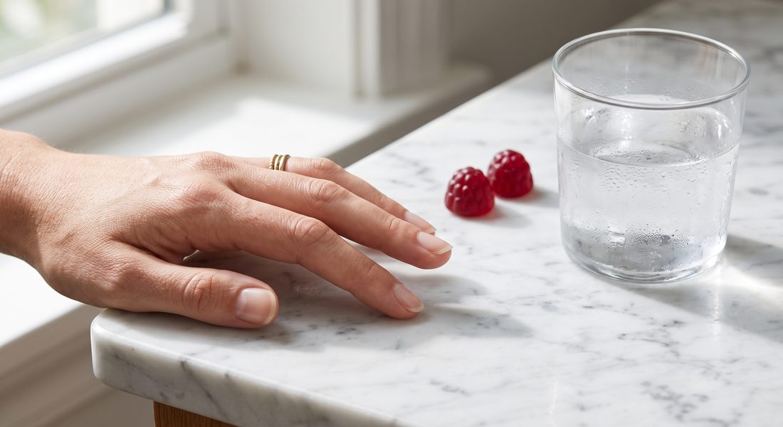 Hand with natural healthy nails resting on a marble counter beside two red gummies and a glass of water