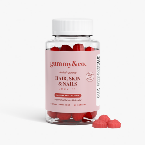 Gummy & Co. hair, skin and nails gummies bottle with passion fruit gummies beside it