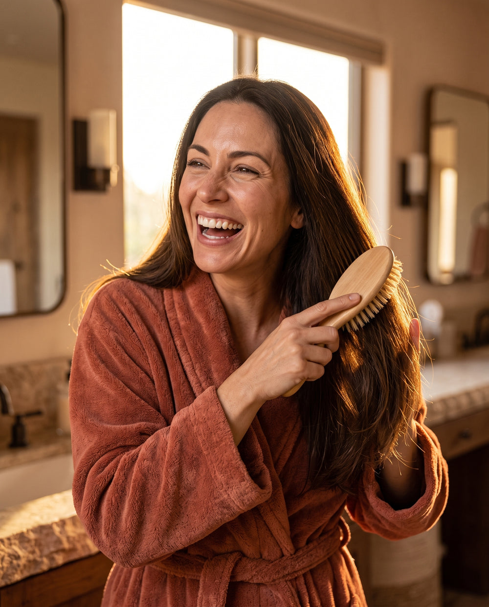 Smiling woman brushing her long healthy hair